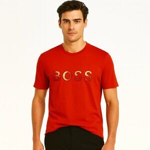 Hugo Boss BOSS Red Logo Tee Bold Vertical Gold Print Designer Streetwear Men's S
